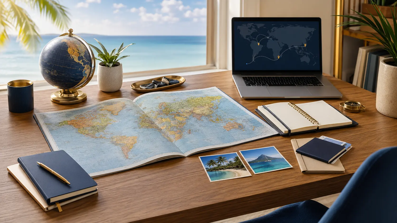 Organized vacation planning desk with a world map and travel itinerary